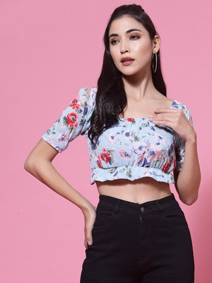 Dressberry Party Floral Print Women Blue Top