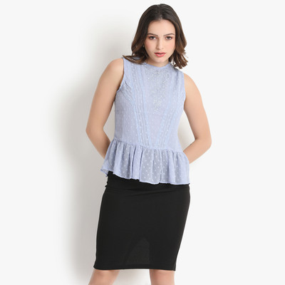 PUTSUM Casual Embroidered Women Light Blue Top