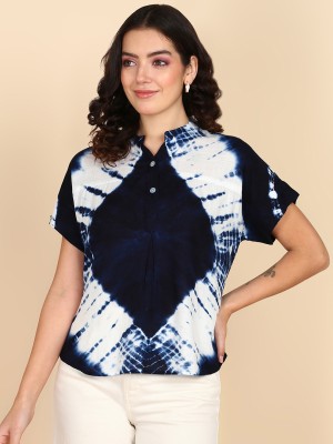 maaesa Casual Tie & Dye Women Dark Blue, White Top