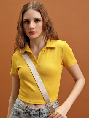 Tokyo Talkies Casual Solid Women Yellow Top