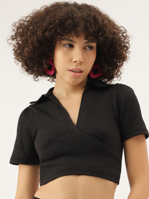 HouseOfCommon Casual Self Design Women Black Top