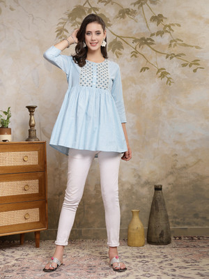 Stylum Women Solid, Embroidered A-line Kurta(Light Blue)