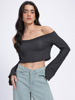 Glitchez Casual Self Design Women Grey Top