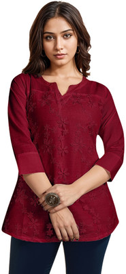 ITS YOU CREATION Casual Embroidered, Floral Print Women Maroon Top