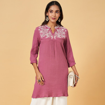 YU by Pantaloons Casual Embroidered Women Pink Top