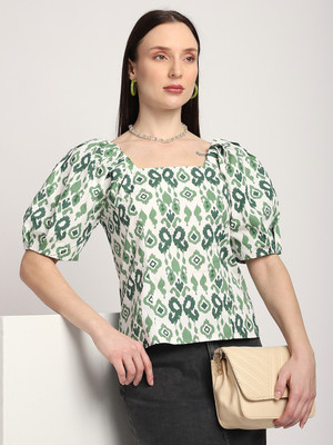 R&B Casual Printed Women Green, White Top
