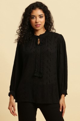 W Casual Solid Women Black Top