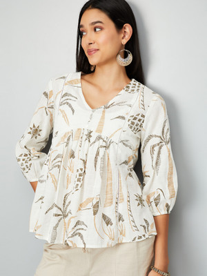 MAX Casual Printed Women Beige Top