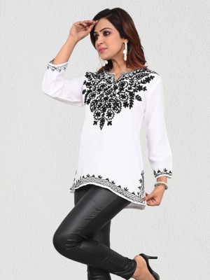 NAIDA Casual Embroidered Women White, Black Top