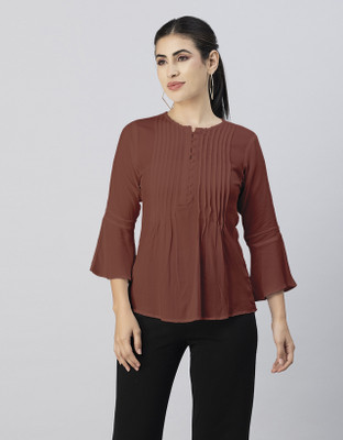 moomaya Casual Solid Women Brown Top