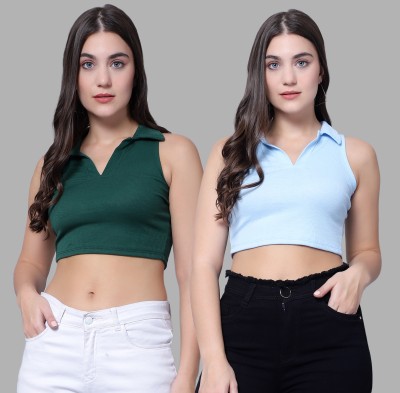 Ayvina Casual Solid Women Dark Green, Light Blue Top