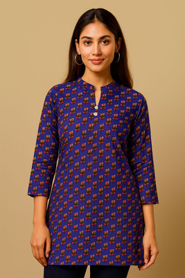 Subhla Art Casual Floral Print Women Blue Top