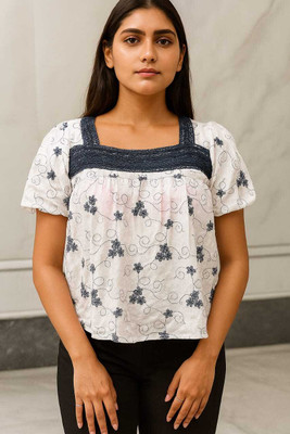 Harmi collection Casual Printed Women Blue, White Top