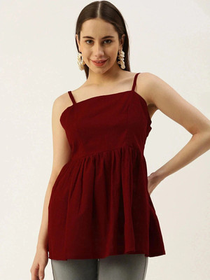 VYMO Casual Solid Women Maroon Top