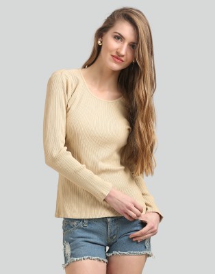 MODA ELEMENTI Casual Solid Women Beige Top