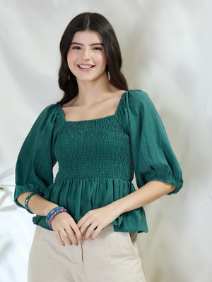 DRAPE AND DAZZLE Casual Solid Women Green Top