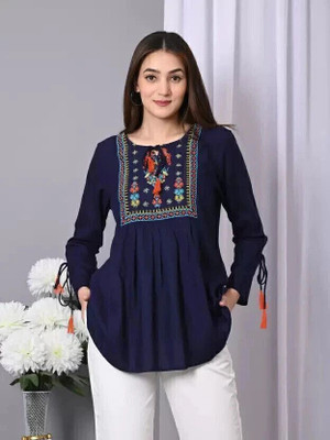 VYMO Casual Embroidered Women Blue Top