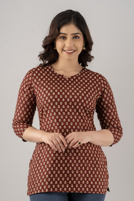 MANVIK FASHION Women Printed Straight Kurta(Maroon, Beige)