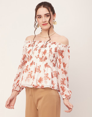 moomaya Casual Self Design Women White, Brown Top