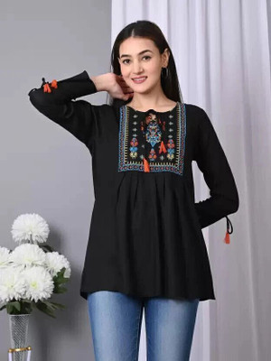 VYMO Casual Solid Women Black Top
