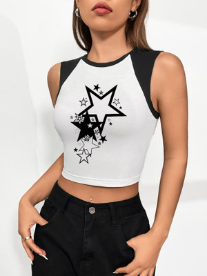 OBBAMI Casual Graphic Print, Printed Women White, Black Top