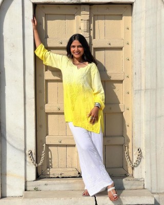 The Lucknowi Chikan Casual Ombre, Ethnic Motifs, Embroidered Women Yellow Top