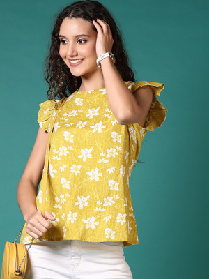 V-MART Casual Printed Women Yellow Top