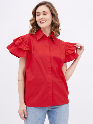 KIBO Casual Solid Women Red Top