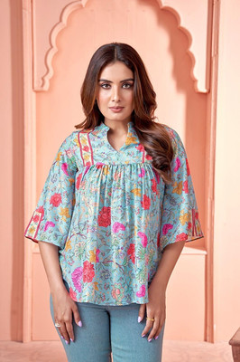 HouseOfCommon Casual Floral Print Women Blue Top