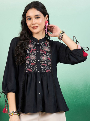 Sangria Casual Embroidered Women Yellow Top