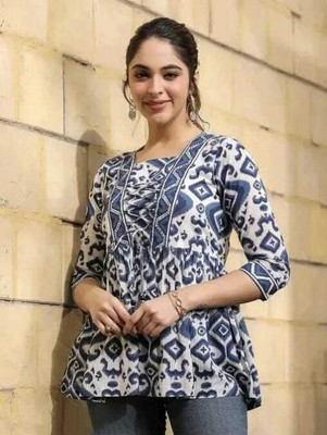 Khatushyam Casual Printed, Ethnic Motifs, Geometric Print Women Blue, White Top
