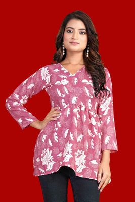 MANIJAYFAB Party Floral Print Women Pink, White Top