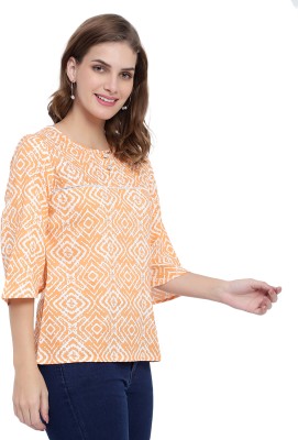 Nksa Fashion Casual Printed Women Orange, White Top