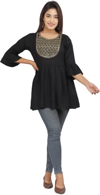 ISHAFASHION Casual Embroidered Women Black Top