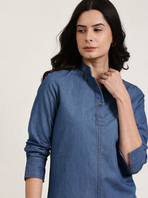 Fable Street Casual Solid Women Blue Top