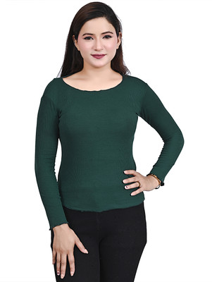ANTRUE Casual Solid Women Dark Green Top