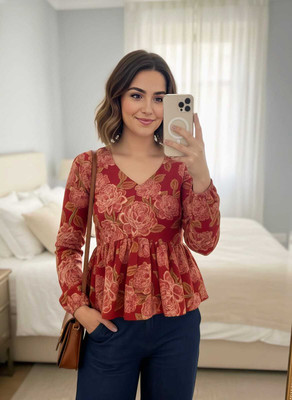 STAR CREATION Casual Floral Print Women Red Top