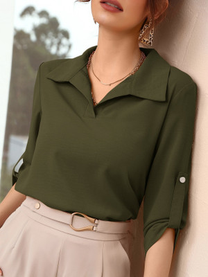 FabRange Casual Solid Women Dark Green Top