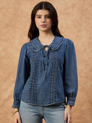 DRAPE AND DAZZLE Casual Solid Women Light Blue Top