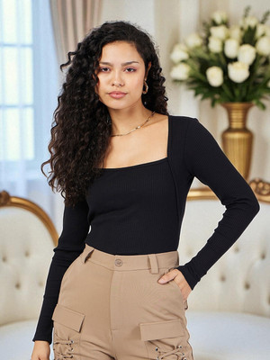 HouseOfCommon Casual Solid Women Black Top