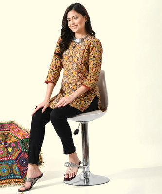 Meesan Women Floral Print A-line Kurta(Yellow)