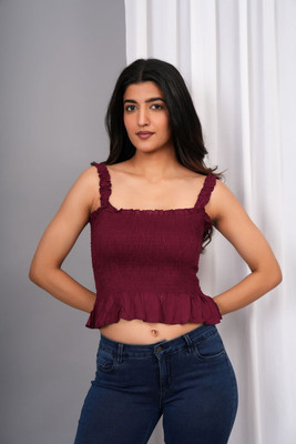 VYMO Casual Solid Women Maroon Top