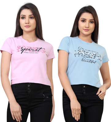 Tween Trends Casual Printed Women Light Blue, Pink Top