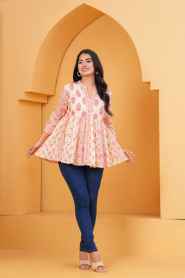 Myaza Casual Floral Print Women Beige Top