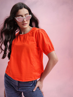 Dressberry Casual Solid Women Orange Top