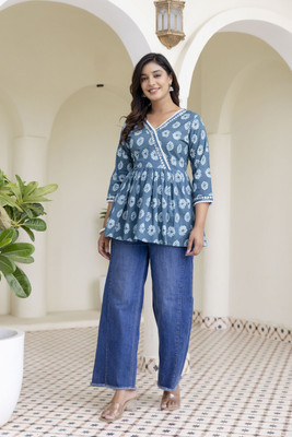 Abu Huraira Casual Printed Women Light Blue Top