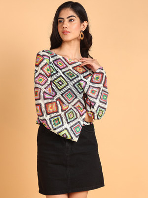 Dressberry Casual 3/4 Sleeve Geometric Print Women Multicolor Top