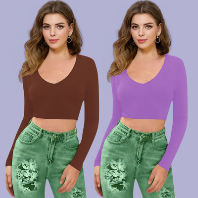Dream Beauty Fashion Casual Self Design Women Purple, Brown Top