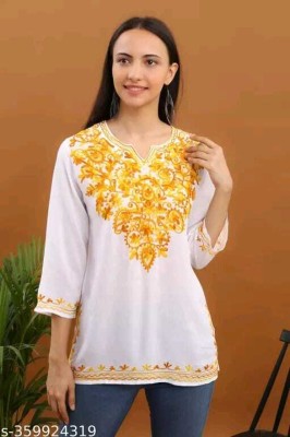 alheena Casual Embroidered Women White, Yellow Top