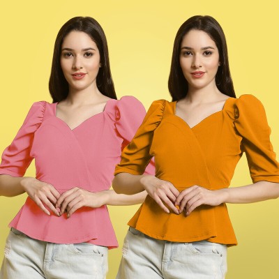 METRONAUT Casual Solid Women Yellow, Pink Top